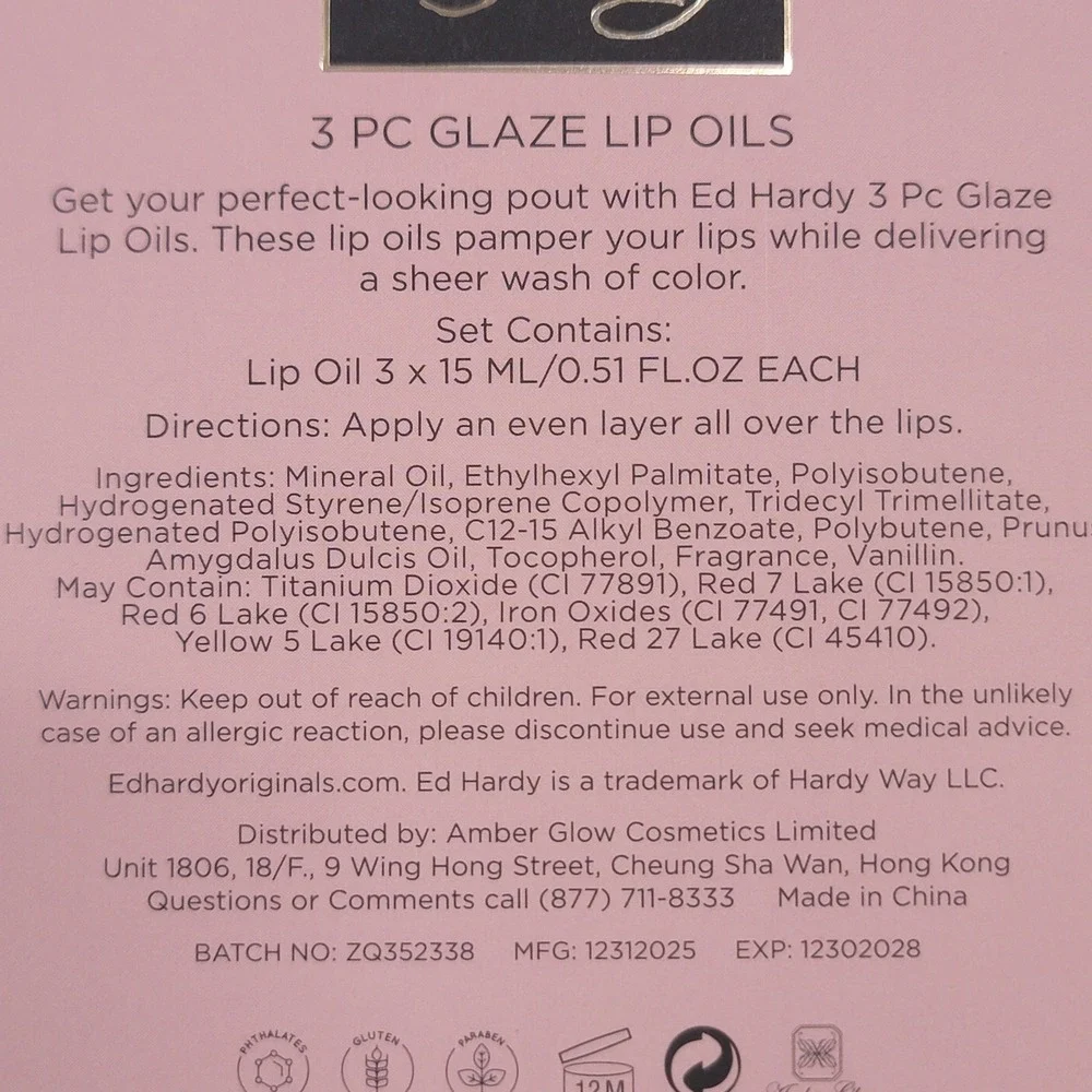 Ed Hardy Glaze & Glow 3 Pc Glaze‎ Lip Oils Set with Charms Sheer Color NIB